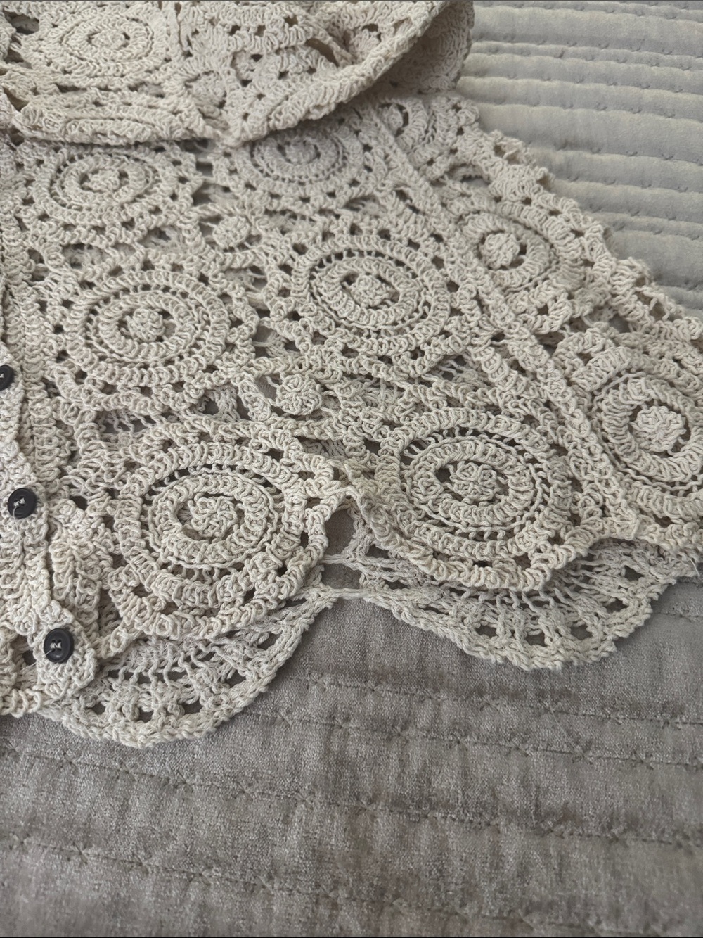Openwork Crochet Button-Front Cardigan - Cream - Picture 5 of 8